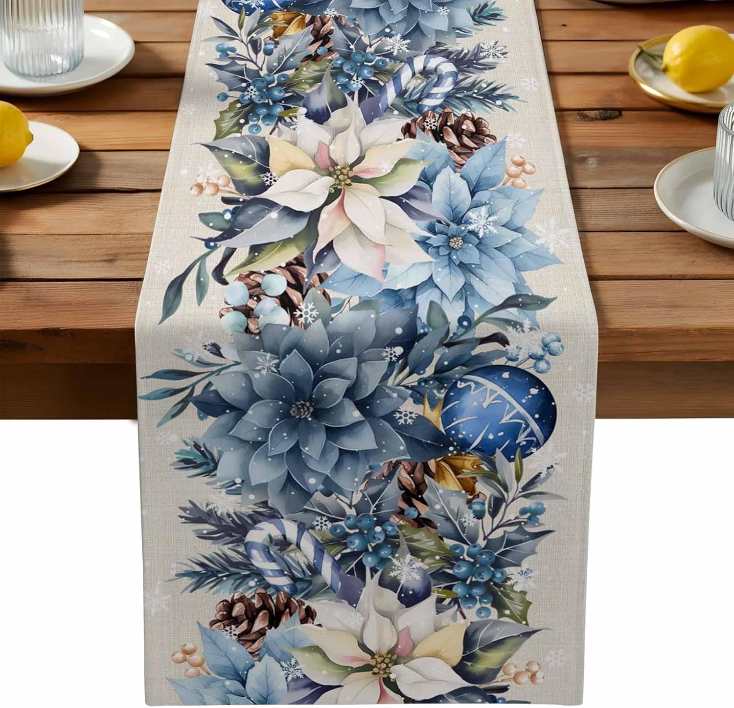 Christmas Table Runner - Natal azul poinsétia bola berry linho