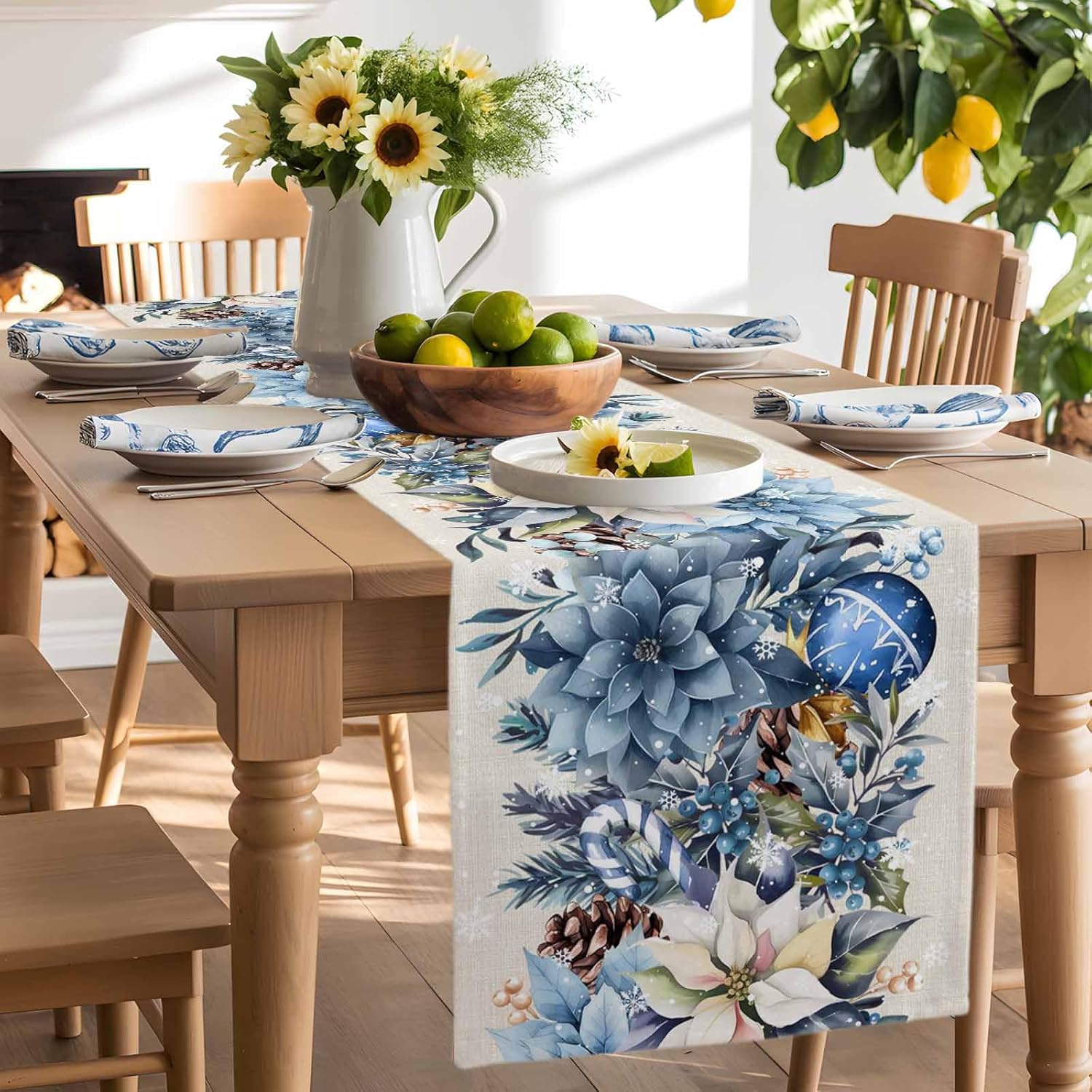 Natal azul poinsétia bola berr - Christmas Table Runner avaliação e preço