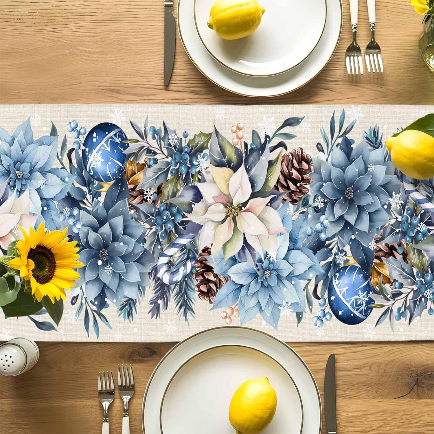 Natal azul poinsétia bola berr - Christmas Table Runner avaliação e preço